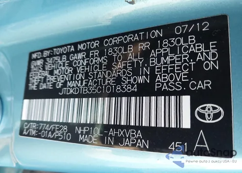 2012 Toyota Prius C One из США, поврежденный, VIN JTDKDTB35C1018384